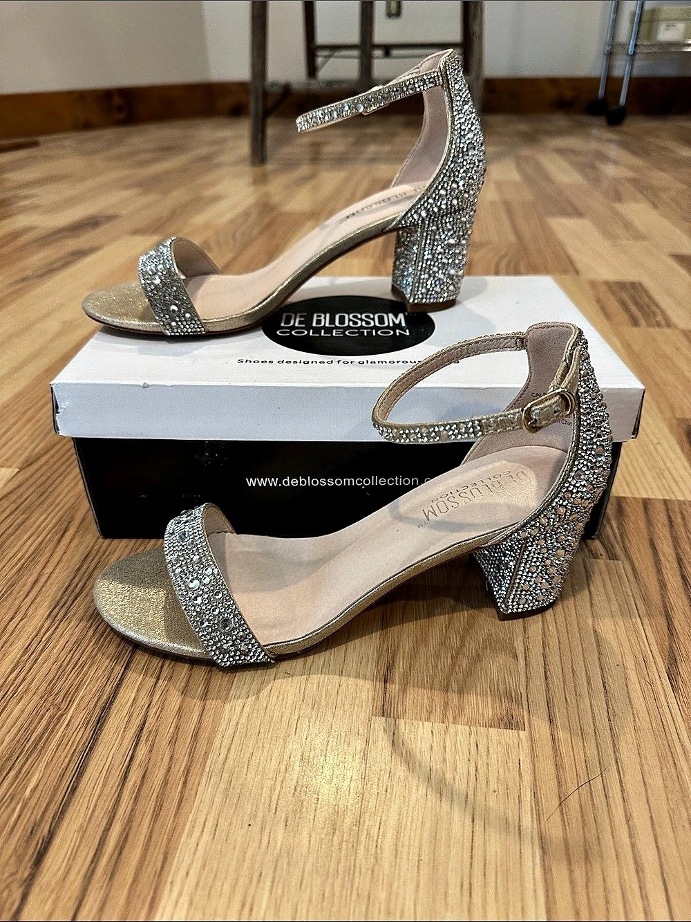 De Blossom Collection Rhinestone Block Heel Ankle Strap Sandal Silver